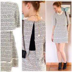 Zara Black & White Frayed Hem Striped Tweed Dress Sz S